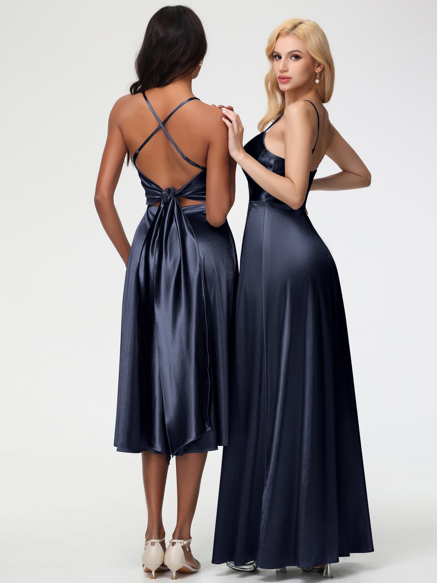 Dark Navy Bridesmaid Dresses Minimalist A Line Spaghetti Straps Sleeveless Stretch Satin Bridesmaid Dress