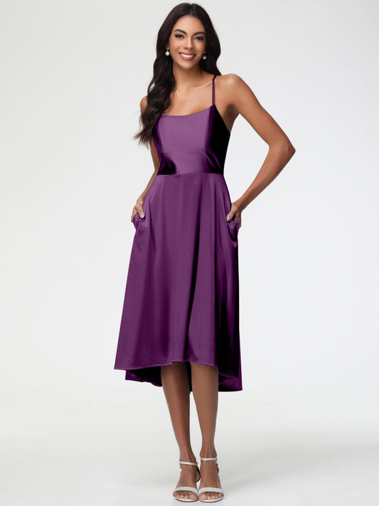 Grape Bridesmaid Dresses Minimalist A Line Spaghetti Straps Sleeveless Stretch Satin Bridesmaid Dress