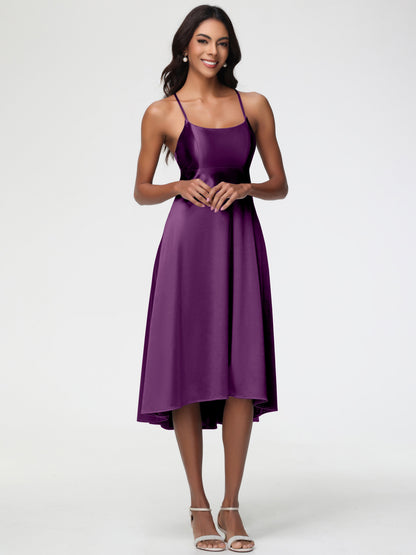 Grape Bridesmaid Dresses Minimalist A Line Spaghetti Straps Sleeveless Stretch Satin Bridesmaid Dress