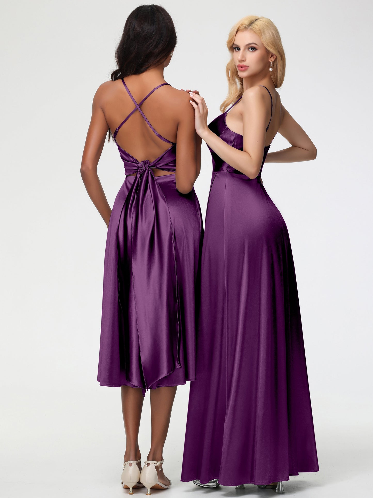 Grape Bridesmaid Dresses Minimalist A Line Spaghetti Straps Sleeveless Stretch Satin Bridesmaid Dress
