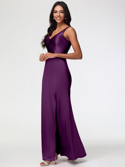 Bridesmaid Dress Grape Elegant Sleeveless Sheath/Column V-Neck Floor Length Stretch Satin Bridesmaid Dress