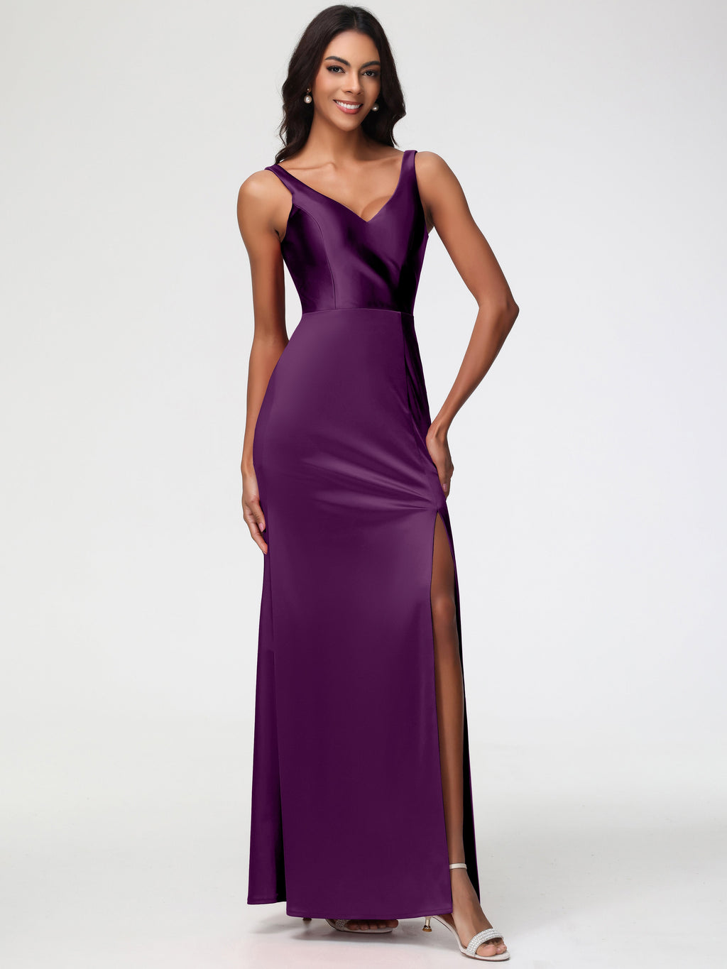 Bridesmaid Dress Grape Elegant Sleeveless Sheath/Column V-Neck Floor Length Stretch Satin Bridesmaid Dress