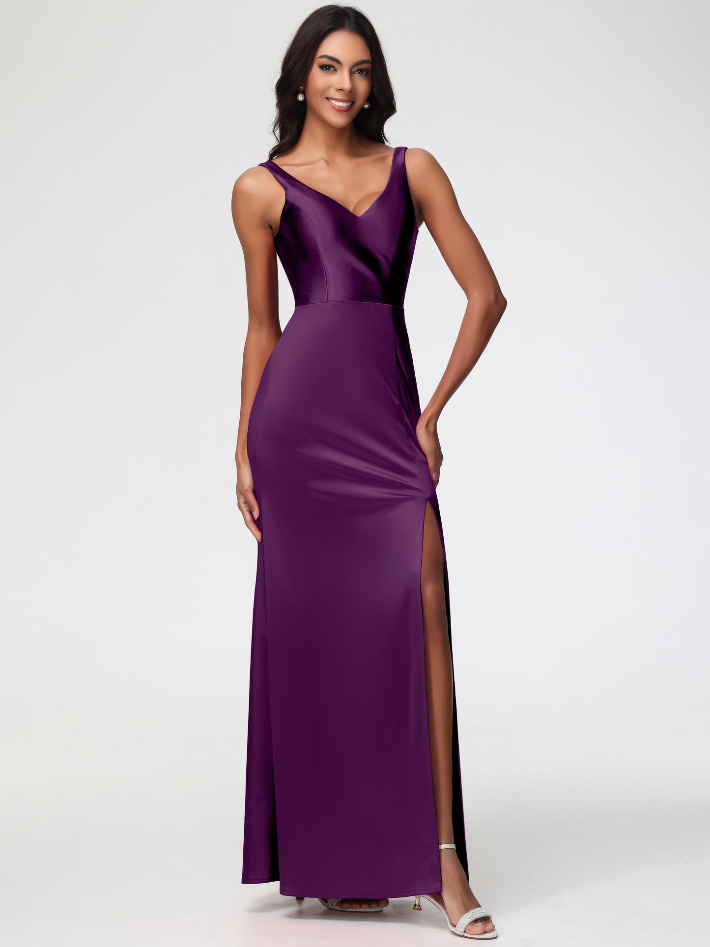 Bridesmaid Dress Grape Elegant Sleeveless Sheath/Column V-Neck Floor Length Stretch Satin Bridesmaid Dress