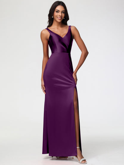 Bridesmaid Dress Grape Elegant Sleeveless Sheath/Column V-Neck Floor Length Stretch Satin Bridesmaid Dress