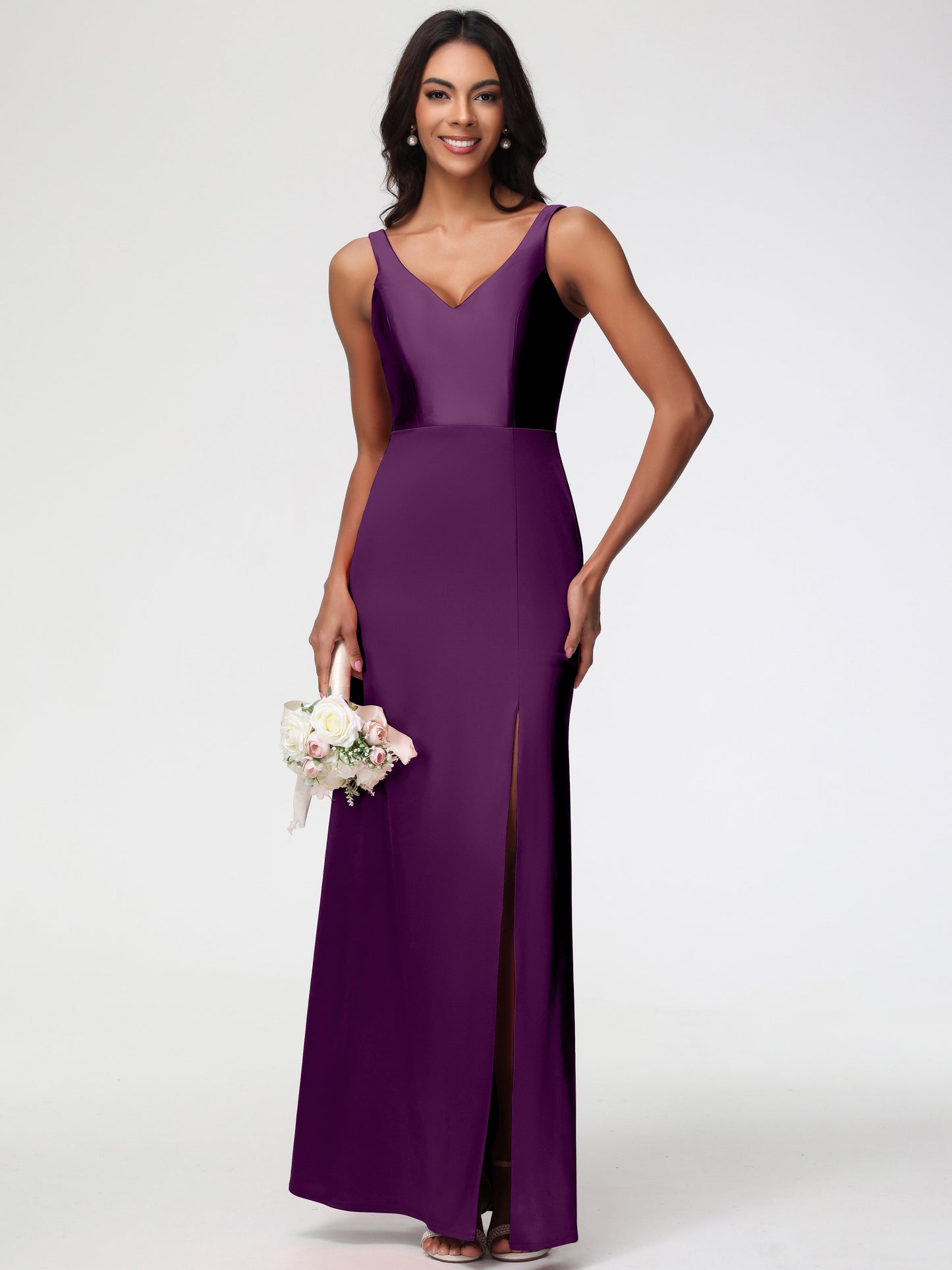 Bridesmaid Dress Grape Elegant Sleeveless Sheath/Column V-Neck Floor Length Stretch Satin Bridesmaid Dress