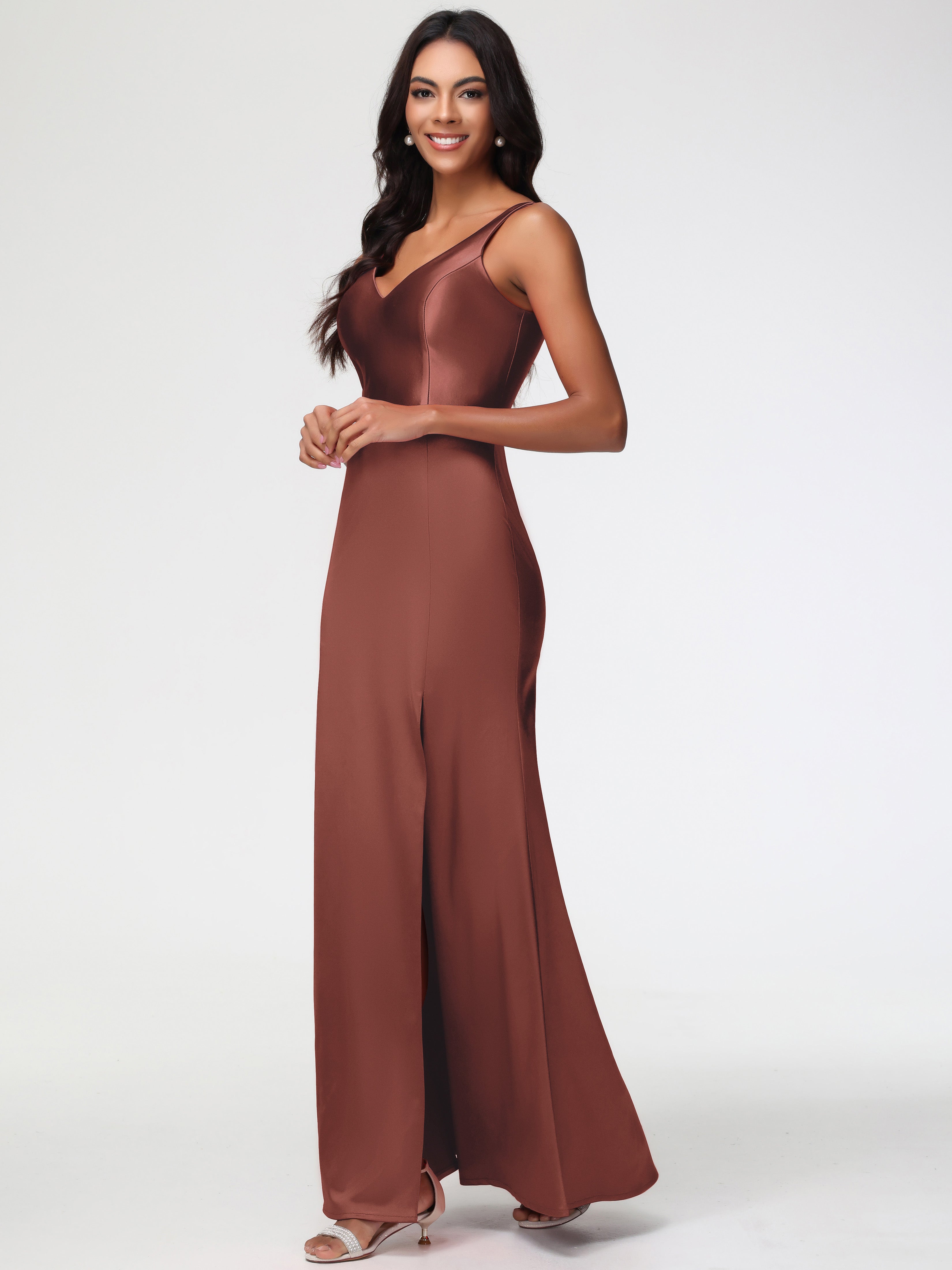 Bridesmaid Dress Terracotta Elegant Sleeveless Sheath/Column V-Neck Floor Length Stretch Satin Bridesmaid Dress