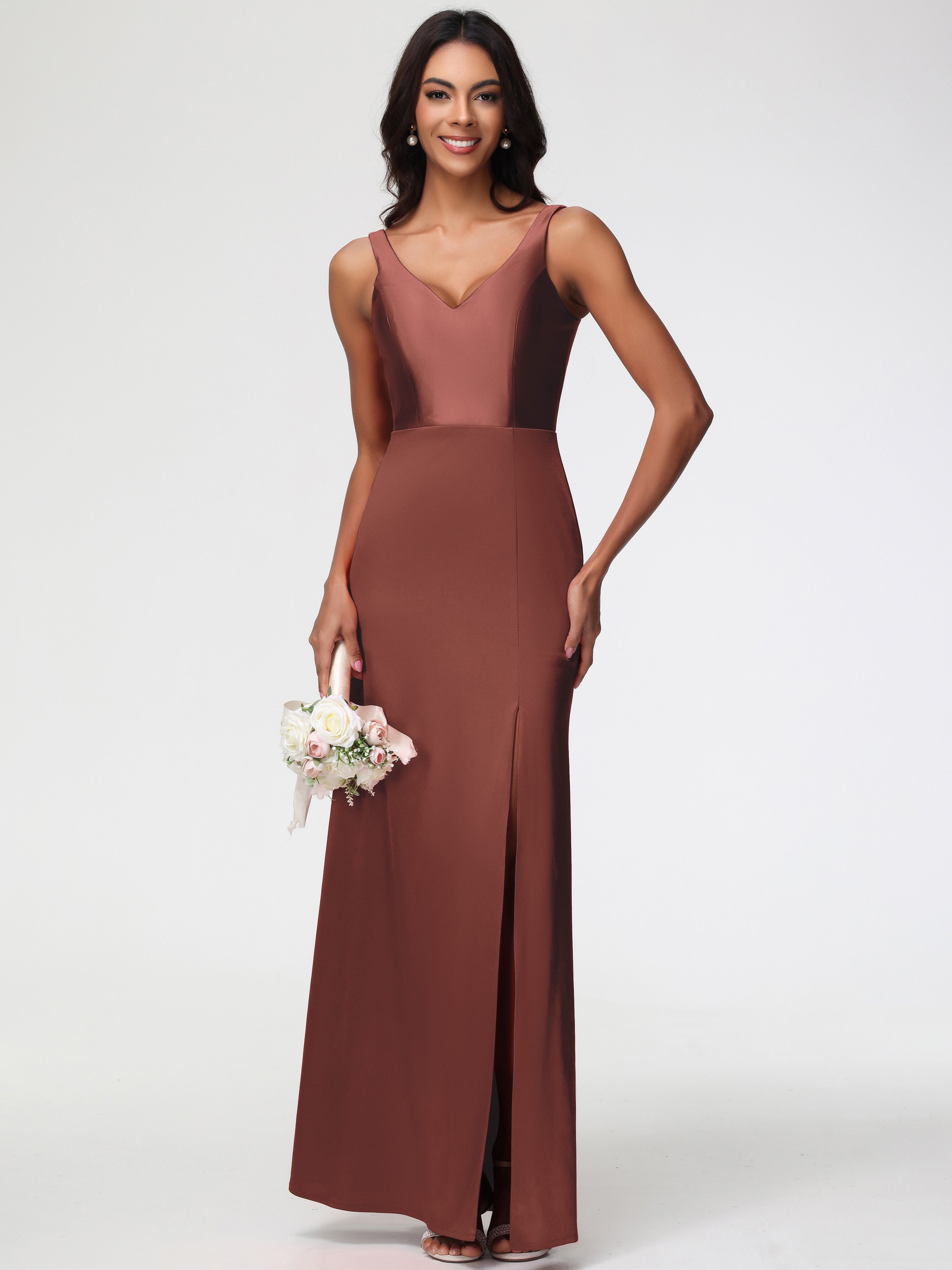 Bridesmaid Dress Terracotta Elegant Sleeveless Sheath/Column V-Neck Floor Length Stretch Satin Bridesmaid Dress