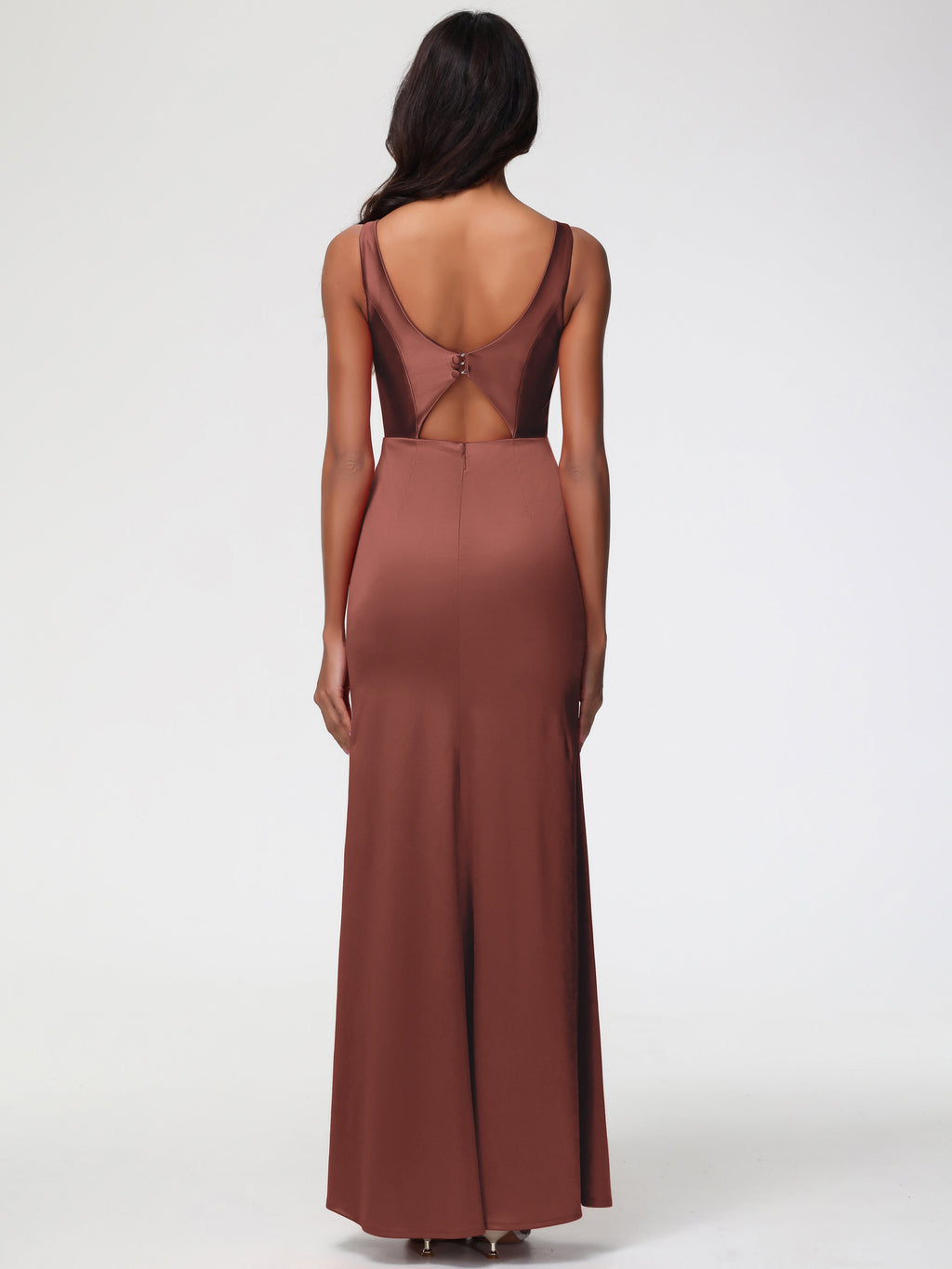Bridesmaid Dress Terracotta Elegant Sleeveless Sheath/Column V-Neck Floor Length Stretch Satin Bridesmaid Dress