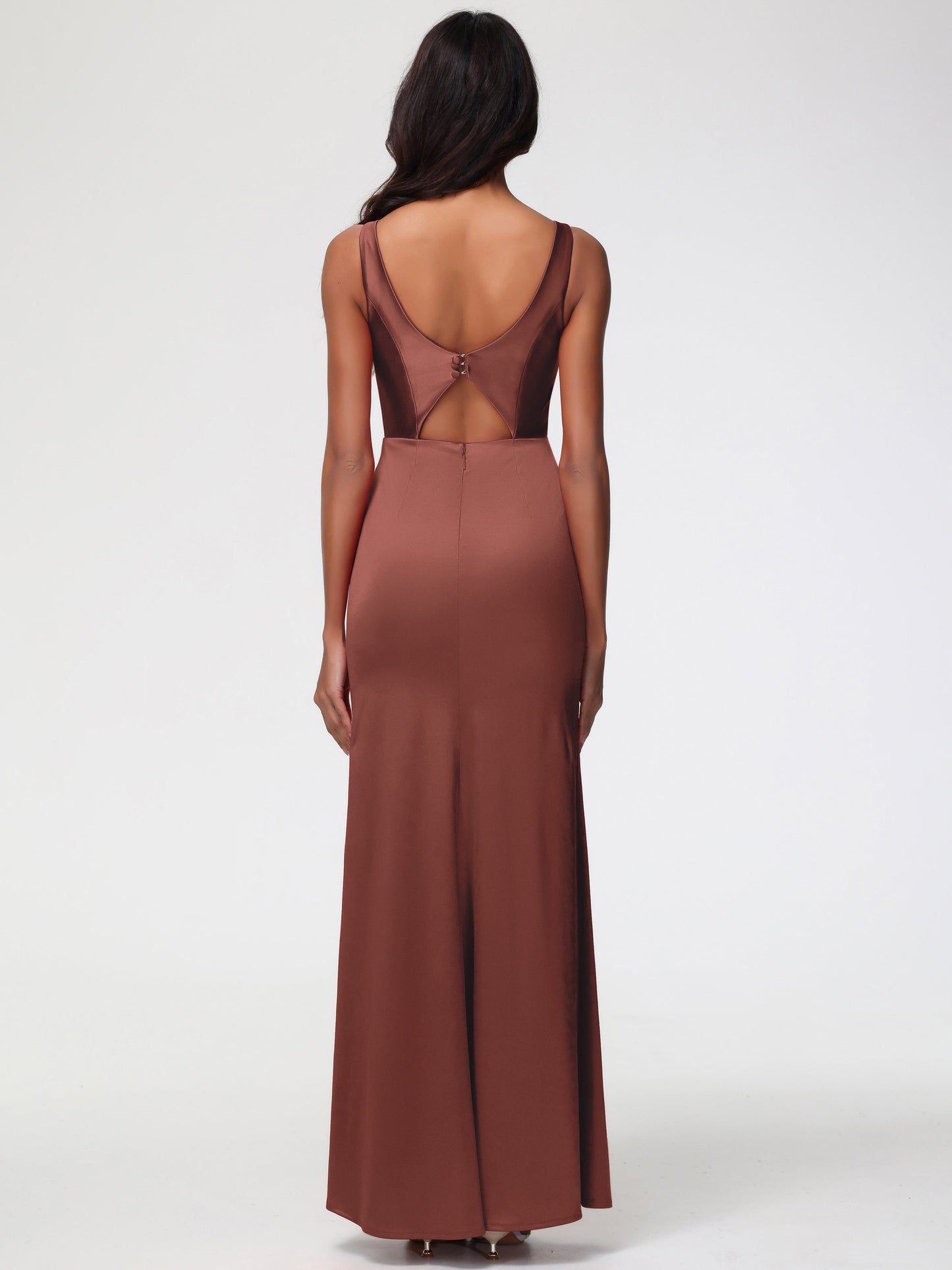 Bridesmaid Dress Terracotta Elegant Sleeveless Sheath/Column V-Neck Floor Length Stretch Satin Bridesmaid Dress