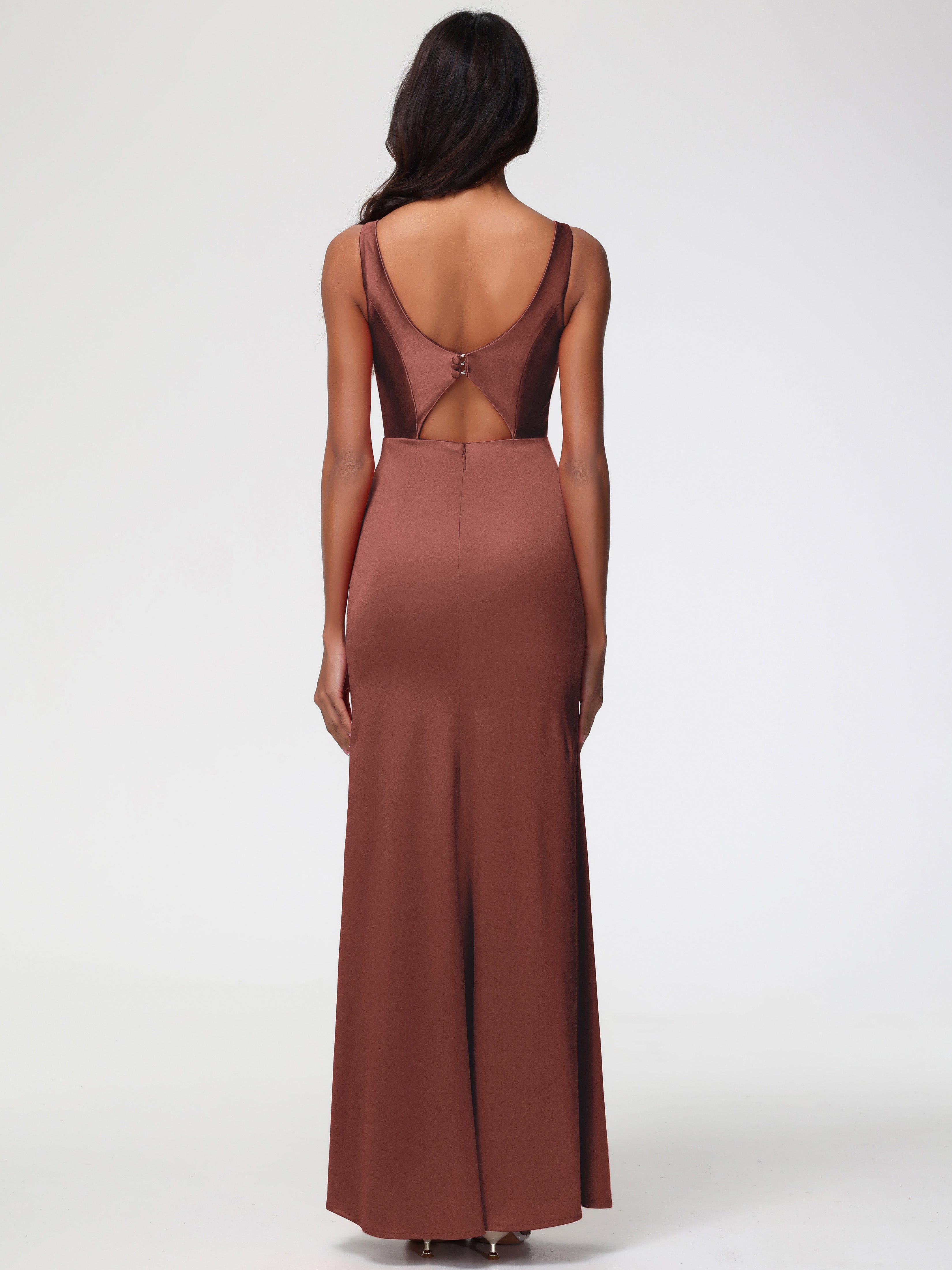 Bridesmaid Dress Terracotta Elegant Sleeveless Sheath/Column V-Neck Floor Length Stretch Satin Bridesmaid Dress