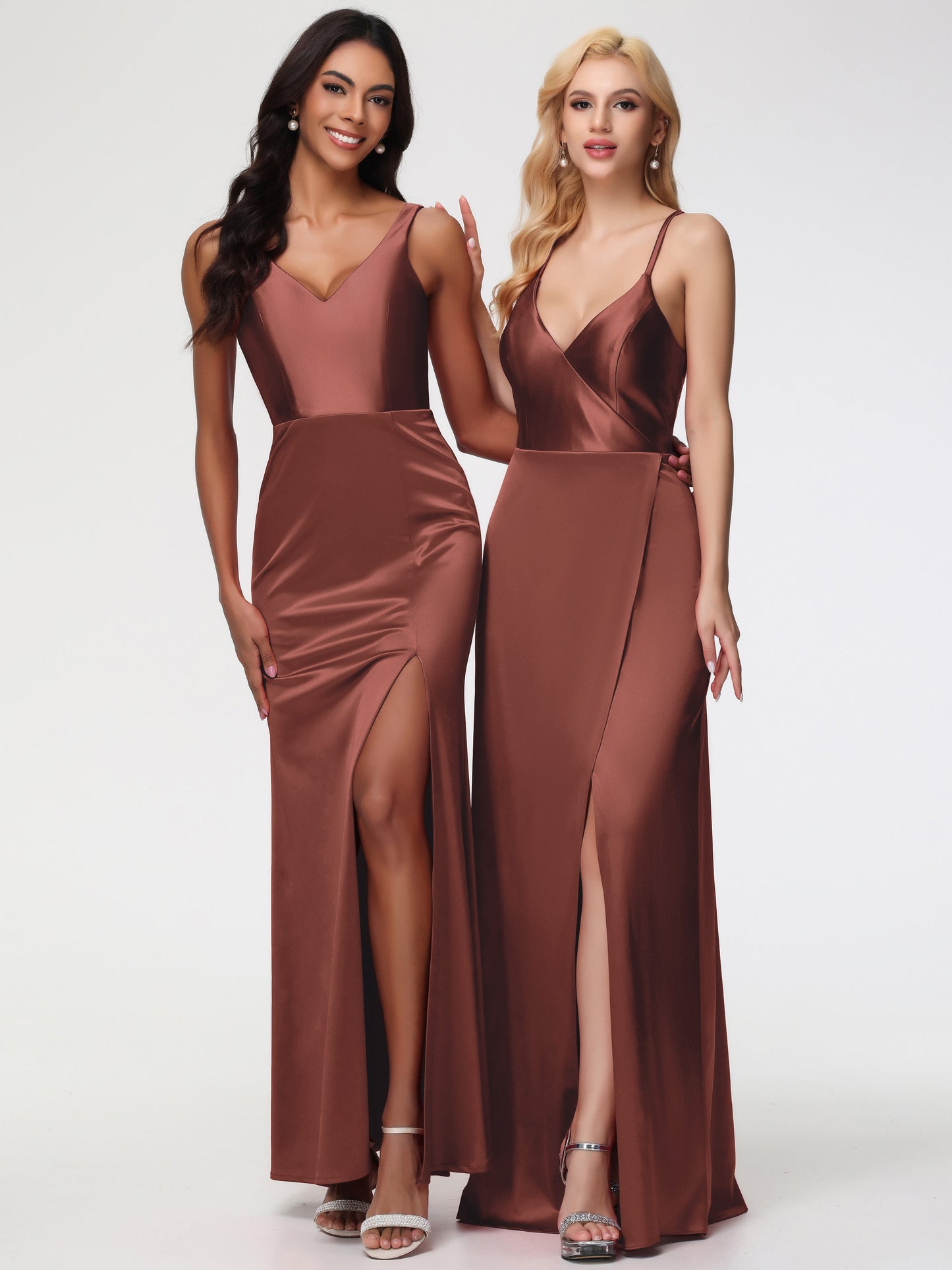 Bridesmaid Dress Terracotta Elegant Sleeveless Sheath/Column V-Neck Floor Length Stretch Satin Bridesmaid Dress