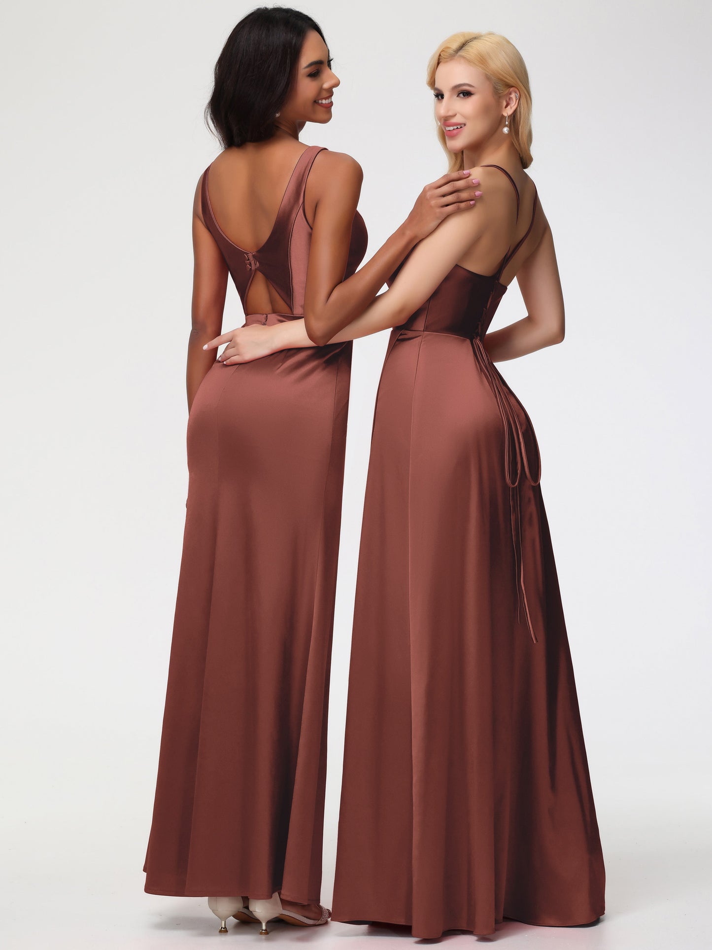 Bridesmaid Dress Terracotta Elegant Sleeveless Sheath/Column V-Neck Floor Length Stretch Satin Bridesmaid Dress