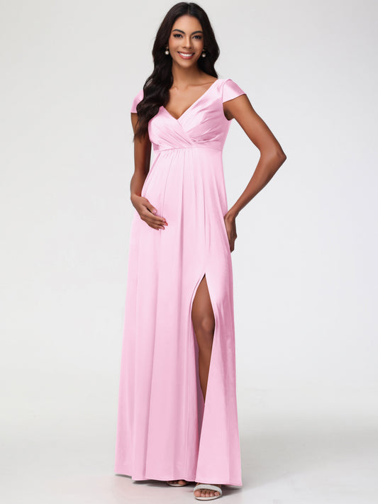 Blushing Pink Bridesmaid Dress V-Neck Minimalist Cap Sleeves A Line Stretch Satin Bridesmaid Dress