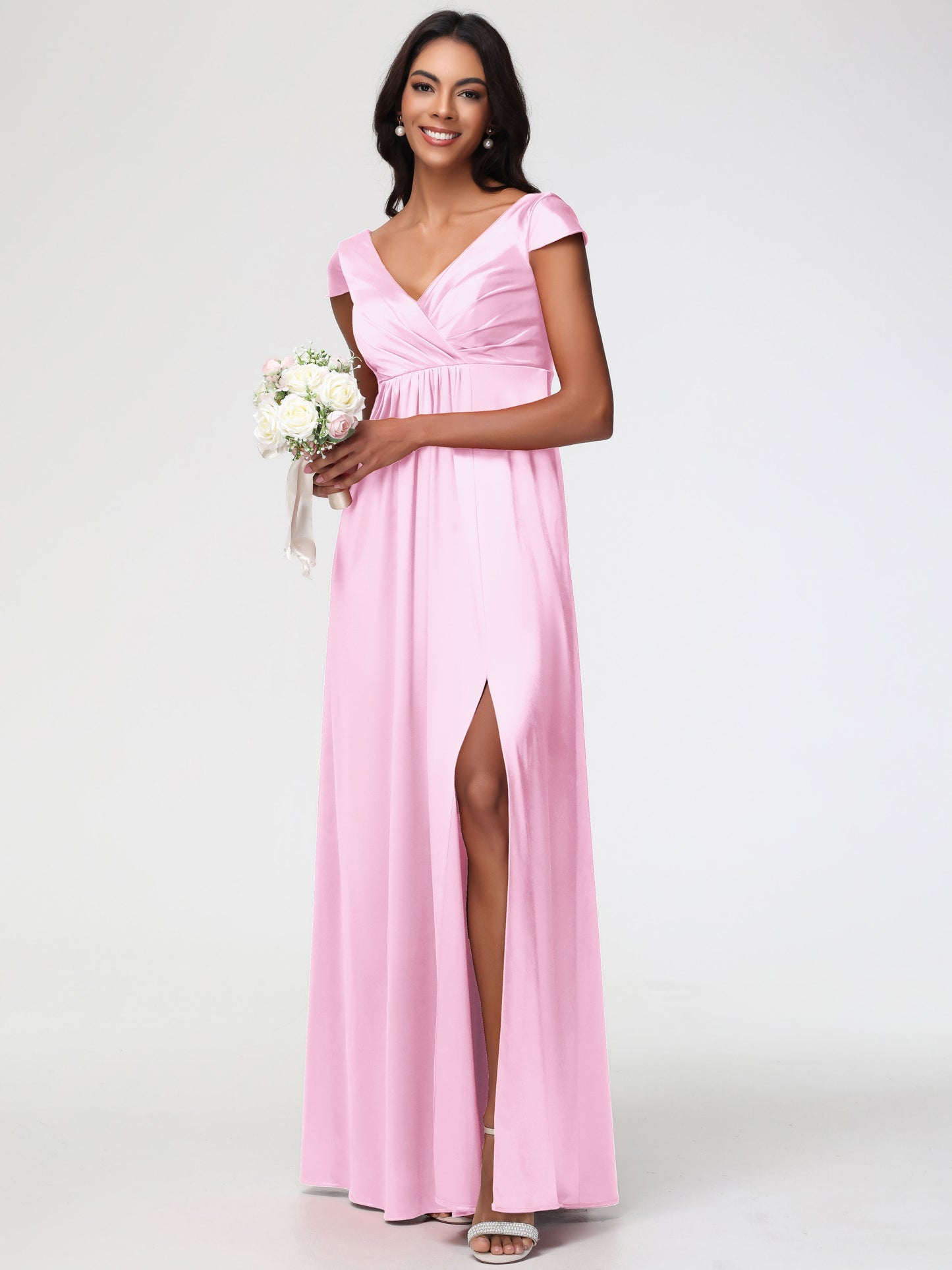 Blushing Pink Bridesmaid Dress V-Neck Minimalist Cap Sleeves A Line Stretch Satin Bridesmaid Dress