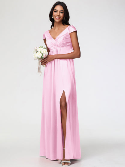 Blushing Pink Bridesmaid Dress V-Neck Minimalist Cap Sleeves A Line Stretch Satin Bridesmaid Dress