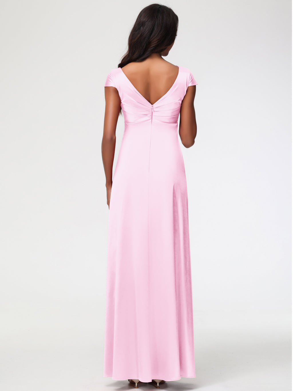 Blushing Pink Bridesmaid Dress V-Neck Minimalist Cap Sleeves A Line Stretch Satin Bridesmaid Dress