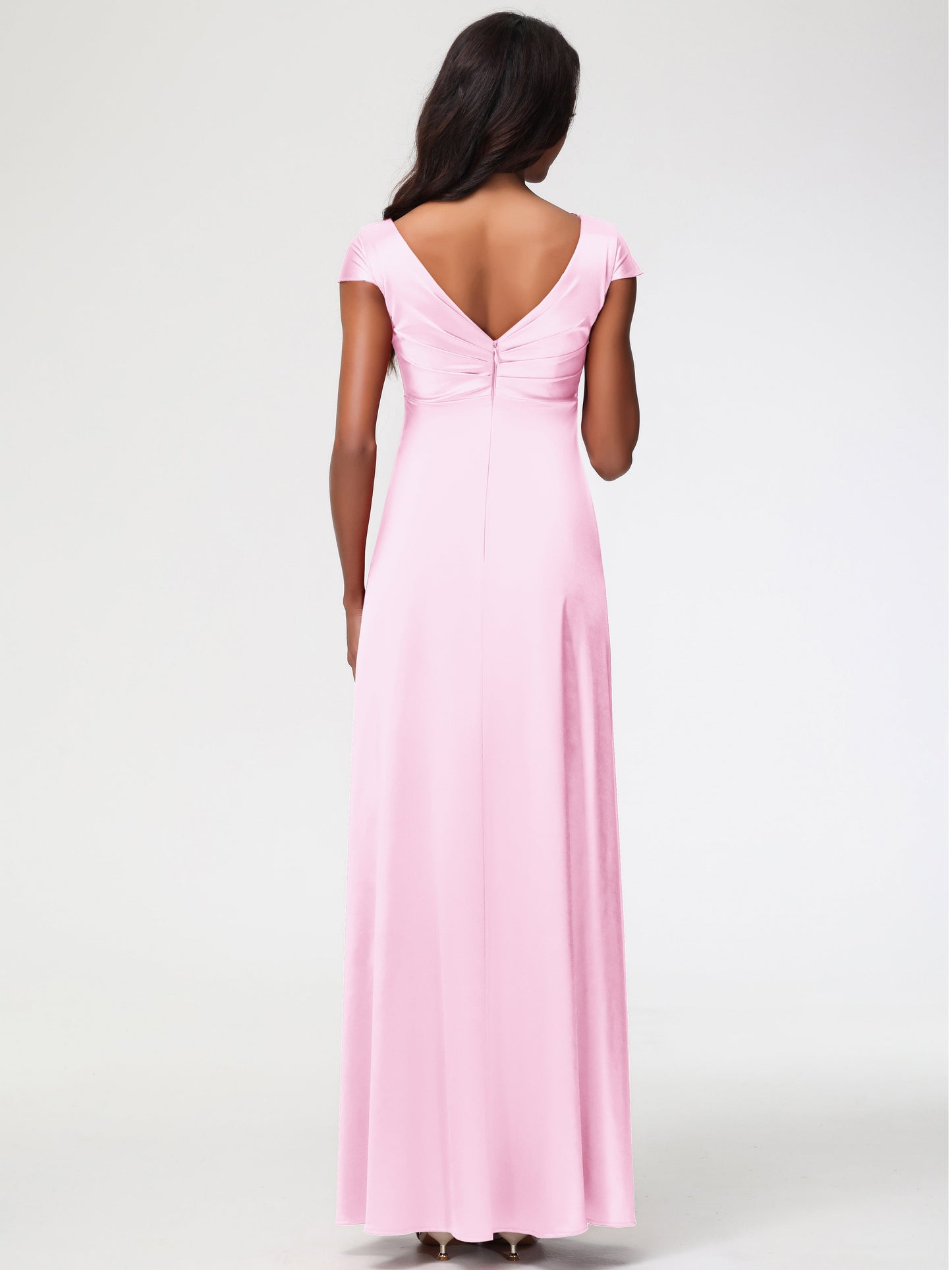 Blushing Pink Bridesmaid Dress V-Neck Minimalist Cap Sleeves A Line Stretch Satin Bridesmaid Dress