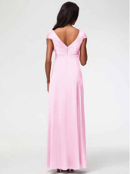 Blushing Pink Bridesmaid Dress V-Neck Minimalist Cap Sleeves A Line Stretch Satin Bridesmaid Dress
