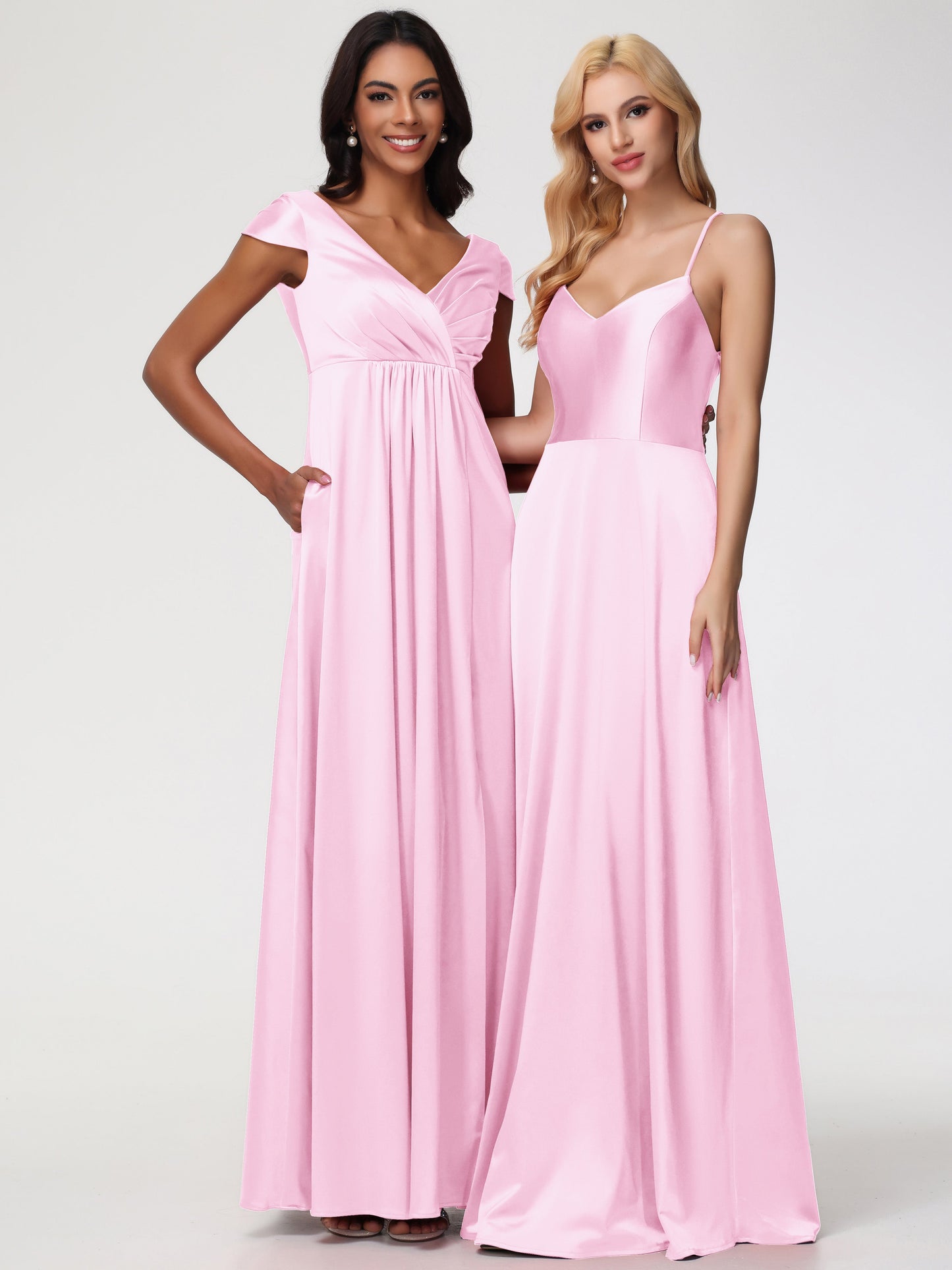Blushing Pink Bridesmaid Dress V-Neck Minimalist Cap Sleeves A Line Stretch Satin Bridesmaid Dress