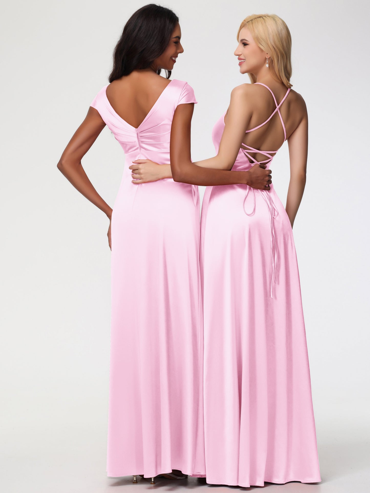 Blushing Pink Bridesmaid Dress V-Neck Minimalist Cap Sleeves A Line Stretch Satin Bridesmaid Dress