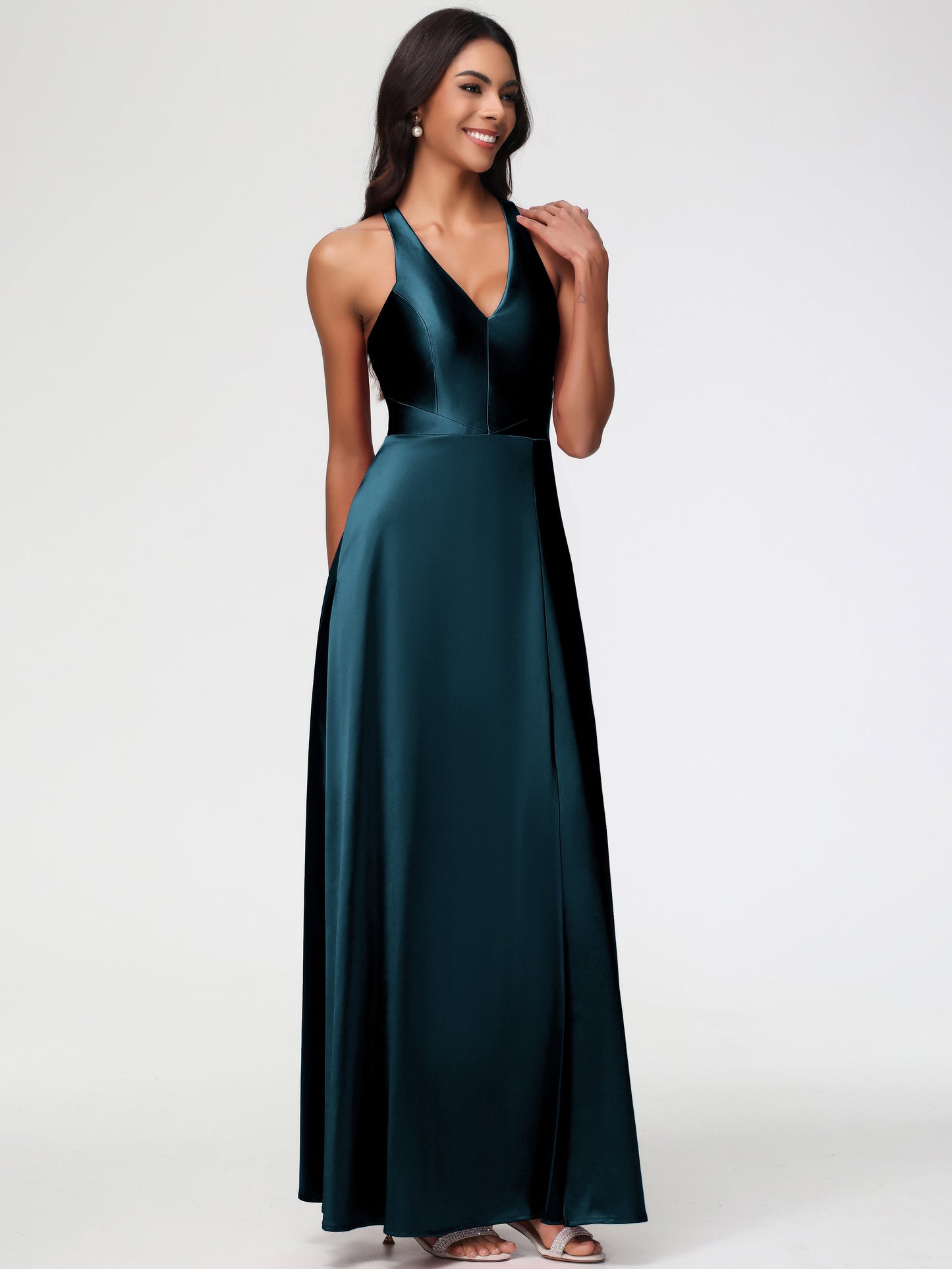 Bridesmaid Dress Peacock Elegant V-Neck A Line Slit Stretch Satin Long Bridesmaid Dress