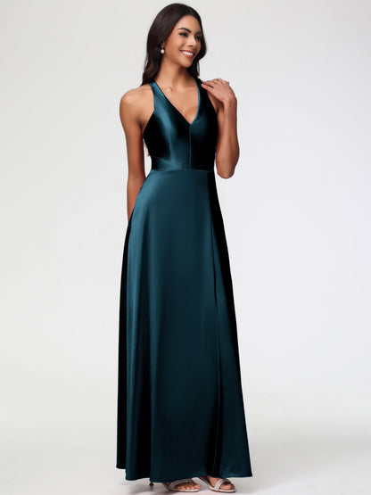 Bridesmaid Dress Peacock Elegant V-Neck A Line Slit Stretch Satin Long Bridesmaid Dress