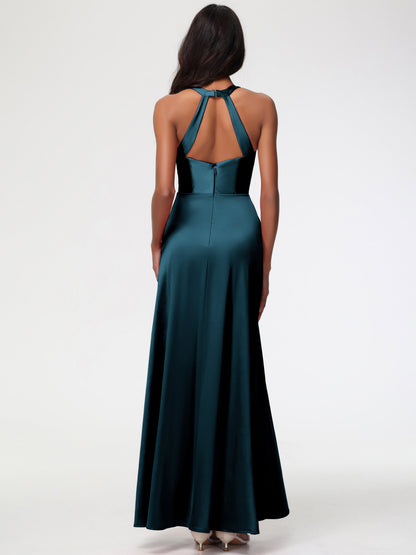 Bridesmaid Dress Peacock Elegant V-Neck A Line Slit Stretch Satin Long Bridesmaid Dress
