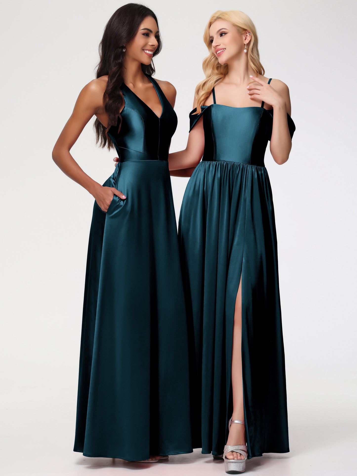 Bridesmaid Dress Peacock Elegant V-Neck A Line Slit Stretch Satin Long Bridesmaid Dress