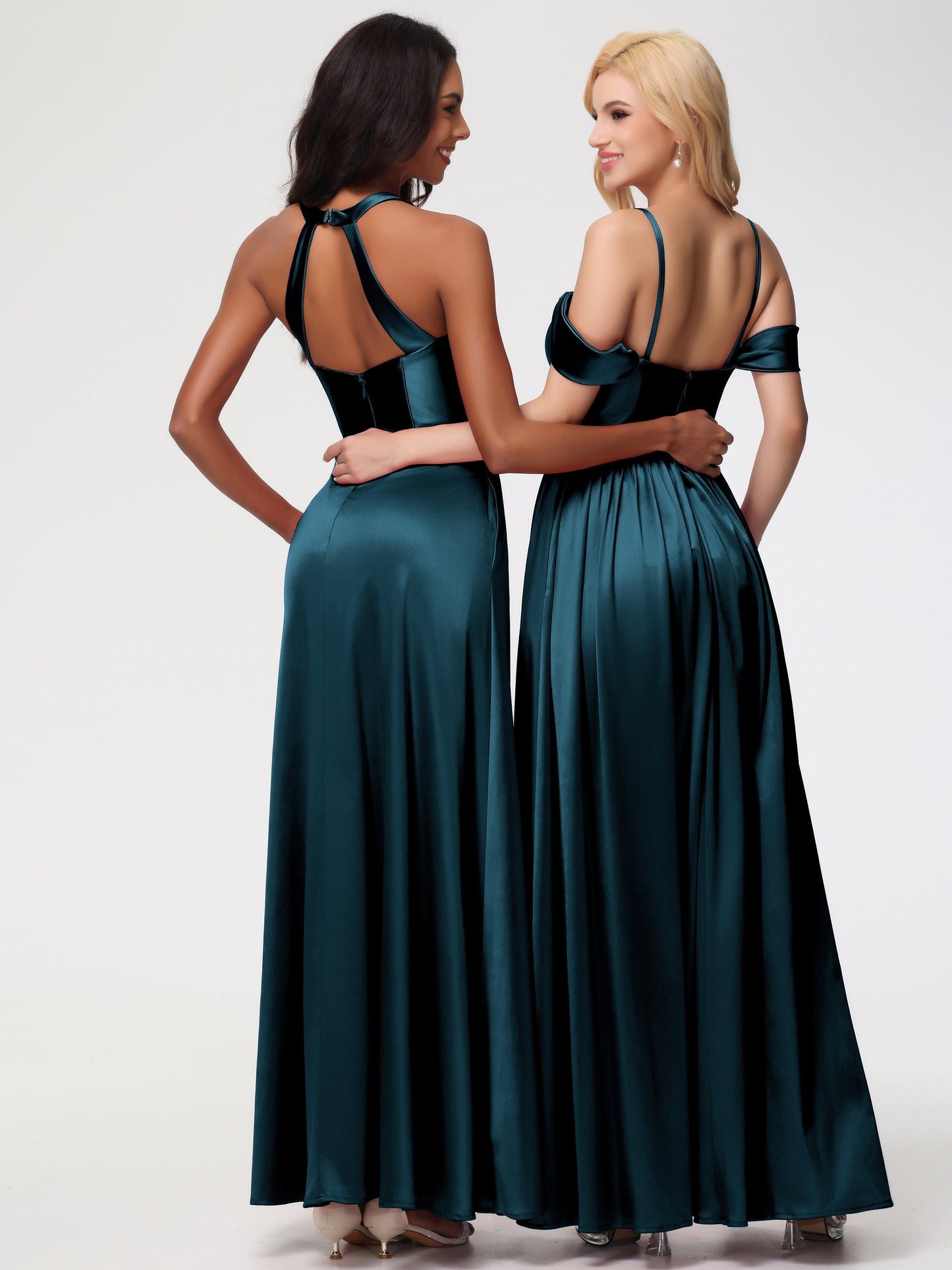 Bridesmaid Dress Peacock Elegant V-Neck A Line Slit Stretch Satin Long Bridesmaid Dress