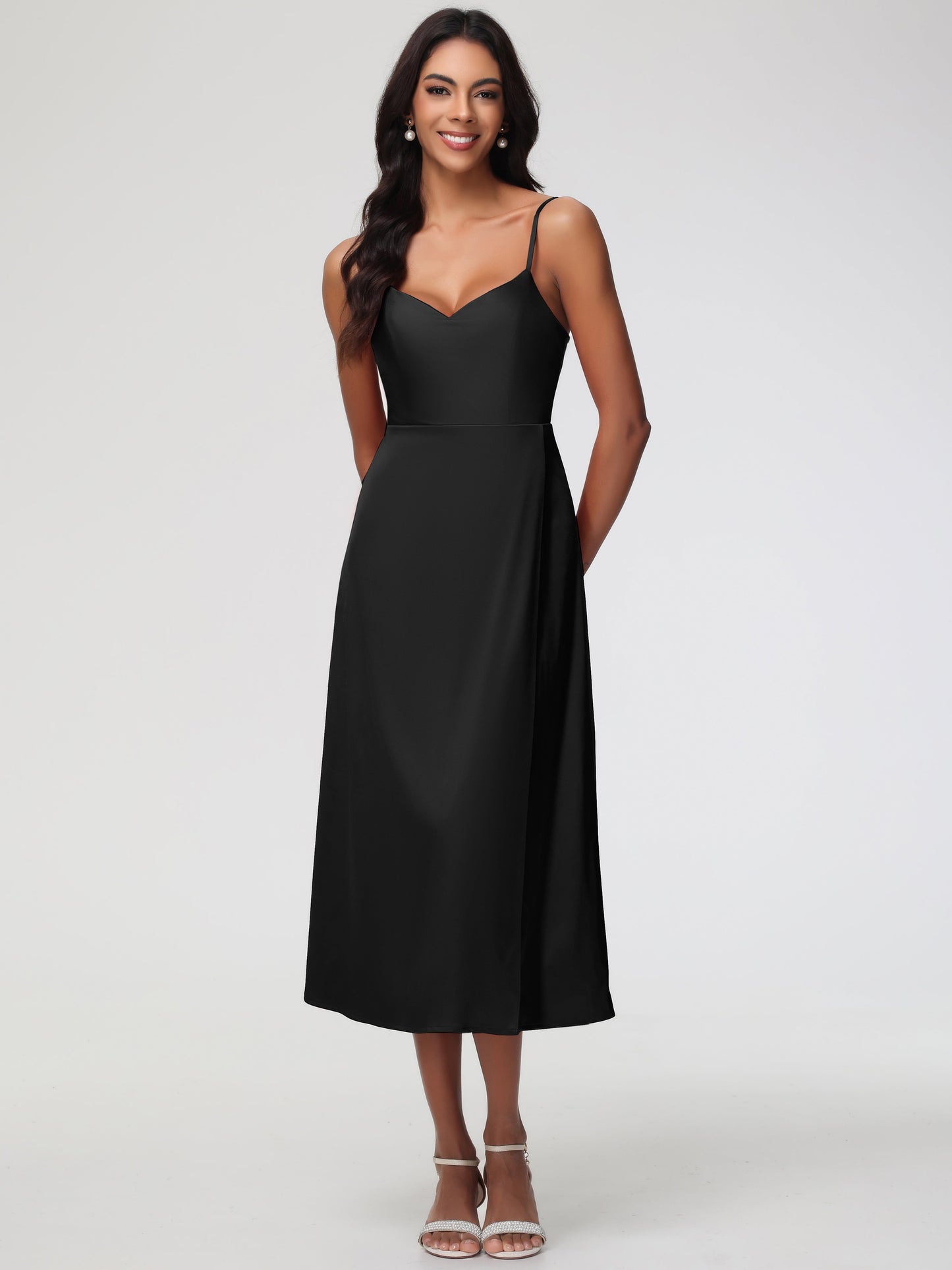 Spaghetti Straps Tea Length Back Zip Stretch Satin Bridesmaid Dress