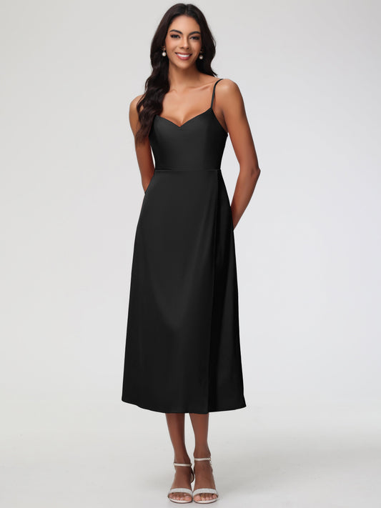 Spaghetti Straps Tea Length Back Zip Stretch Satin Bridesmaid Dress