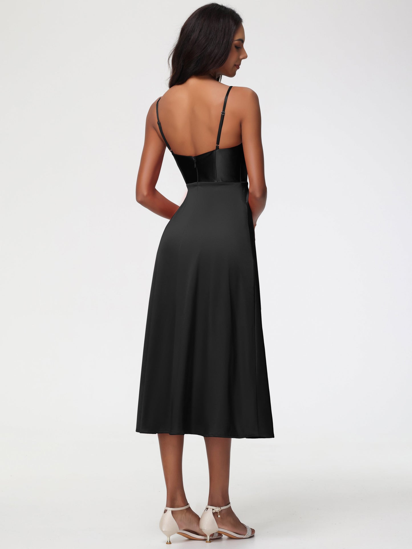 Spaghetti Straps Tea Length Back Zip Stretch Satin Bridesmaid Dress