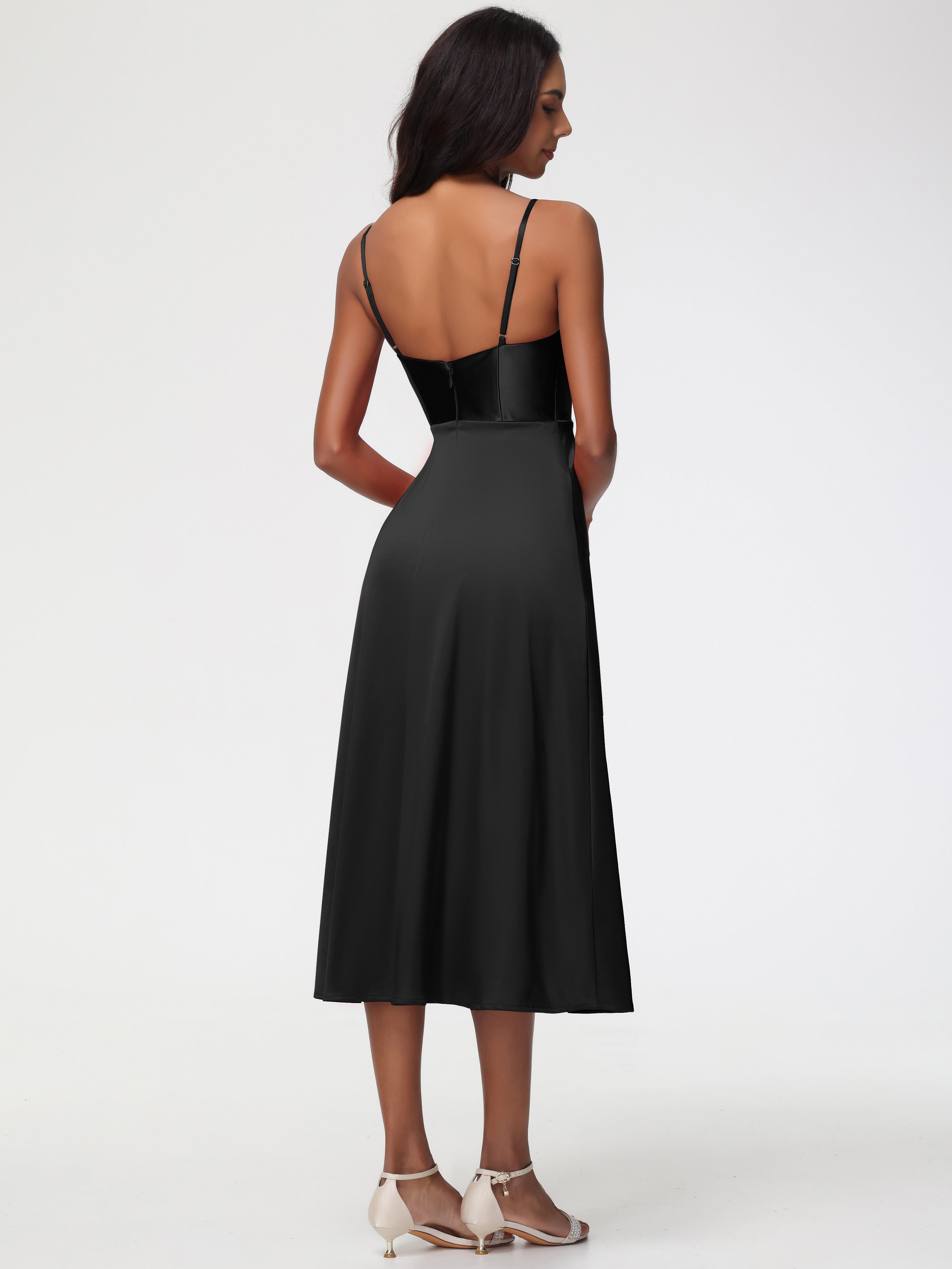 Spaghetti Straps Tea Length Back Zip Stretch Satin Bridesmaid Dress