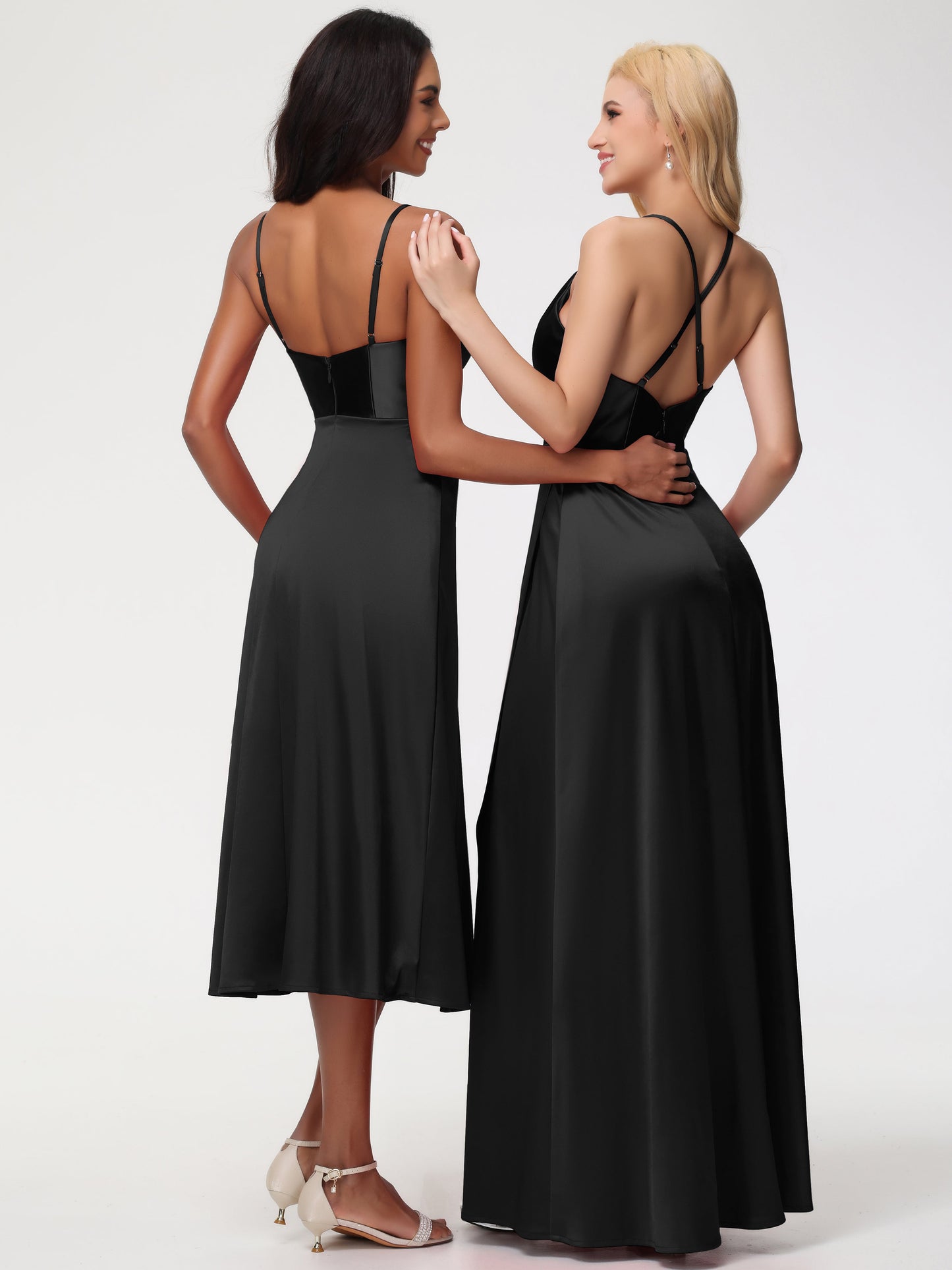 Spaghetti Straps Tea Length Back Zip Stretch Satin Bridesmaid Dress