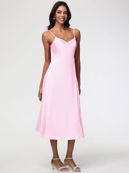Spaghetti Straps Tea Length Back Zip Stretch Satin Bridesmaid Dress