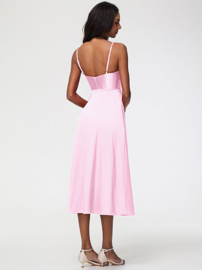 Spaghetti Straps Tea Length Back Zip Stretch Satin Bridesmaid Dress