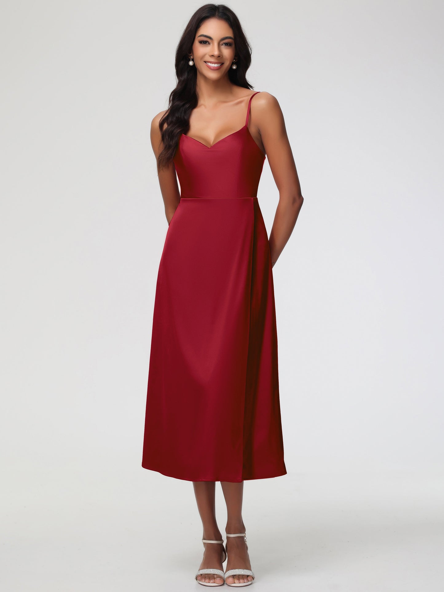 Spaghetti Straps Tea Length Back Zip Stretch Satin Bridesmaid Dress
