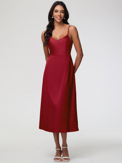 Spaghetti Straps Tea Length Back Zip Stretch Satin Bridesmaid Dress