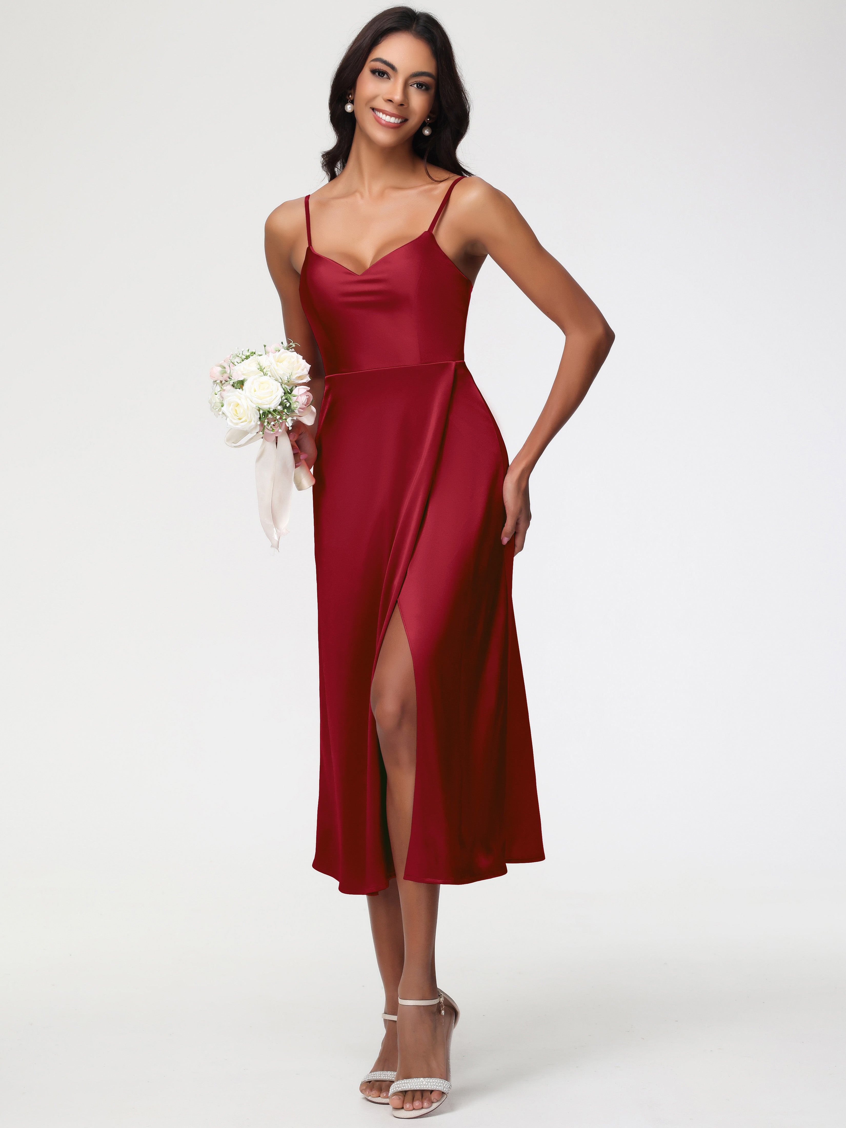 Spaghetti Straps Tea Length Back Zip Stretch Satin Bridesmaid Dress