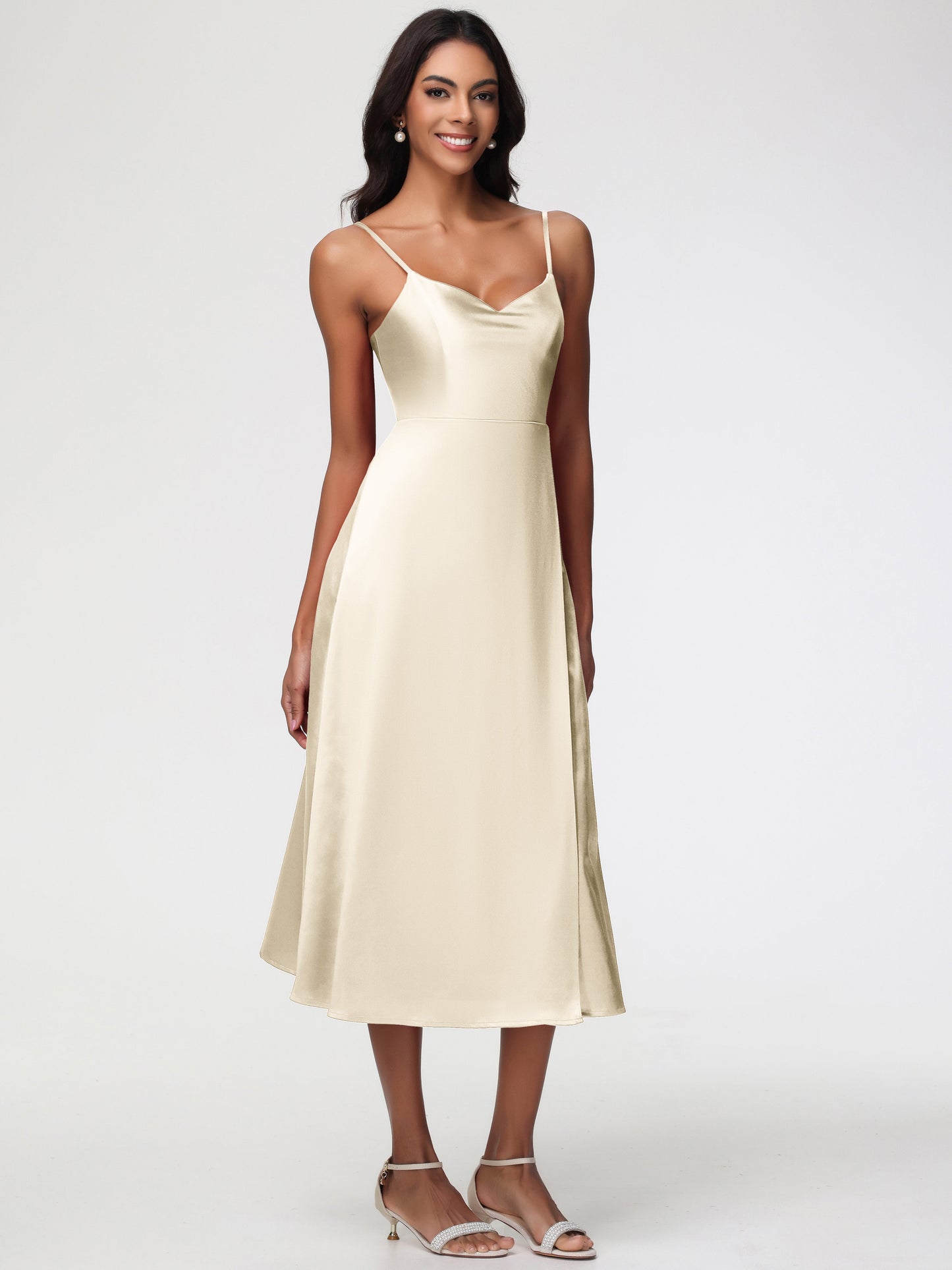 Spaghetti Straps Tea Length Back Zip Stretch Satin Bridesmaid Dress