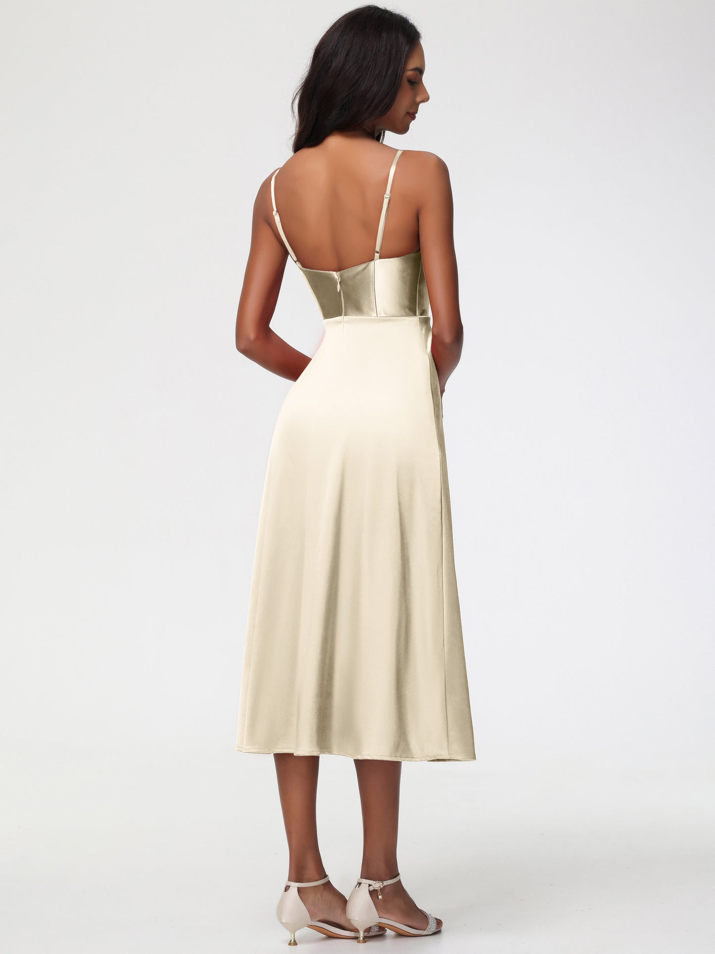 Spaghetti Straps Tea Length Back Zip Stretch Satin Bridesmaid Dress