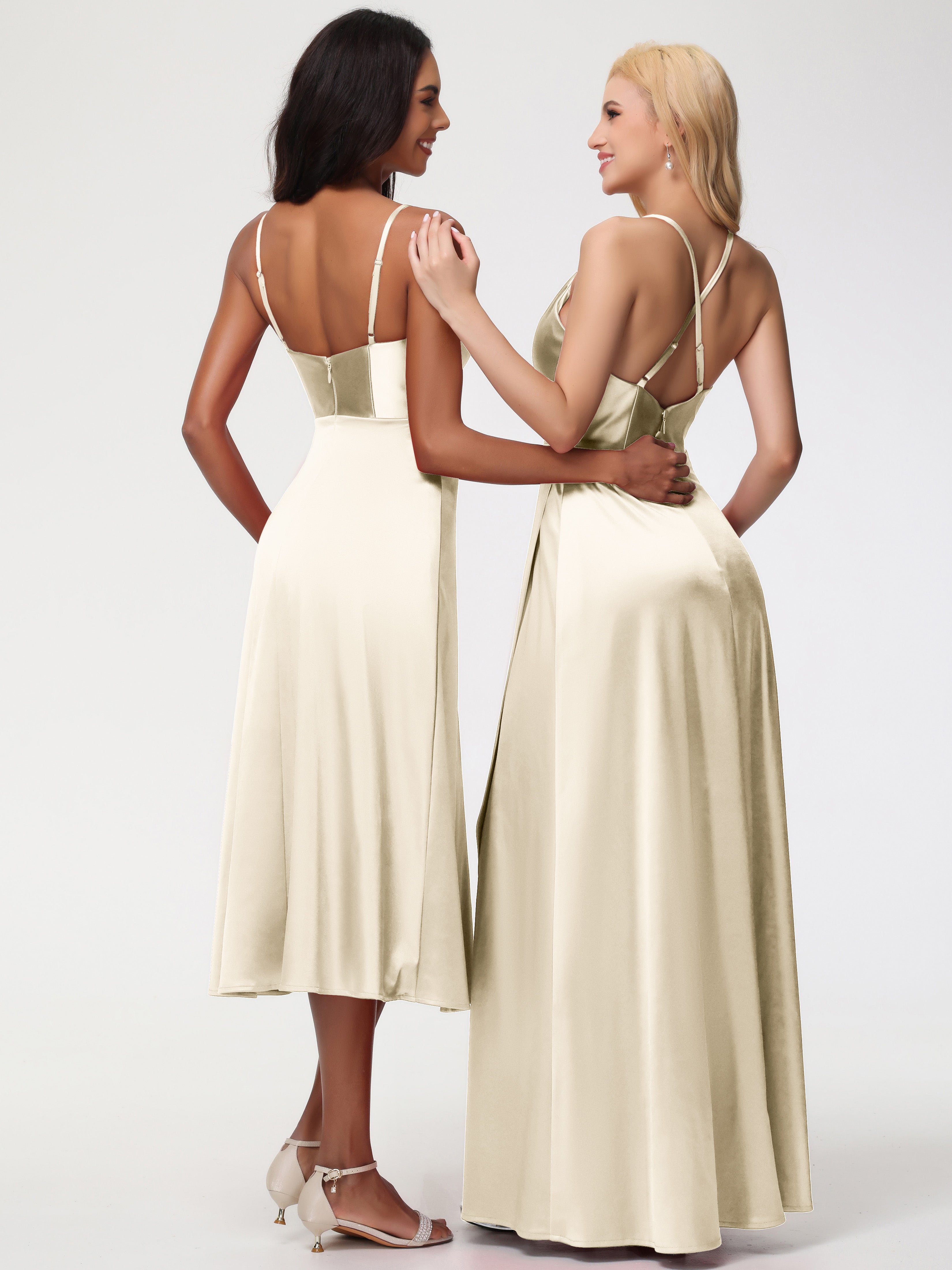 Spaghetti Straps Tea Length Back Zip Stretch Satin Bridesmaid Dress