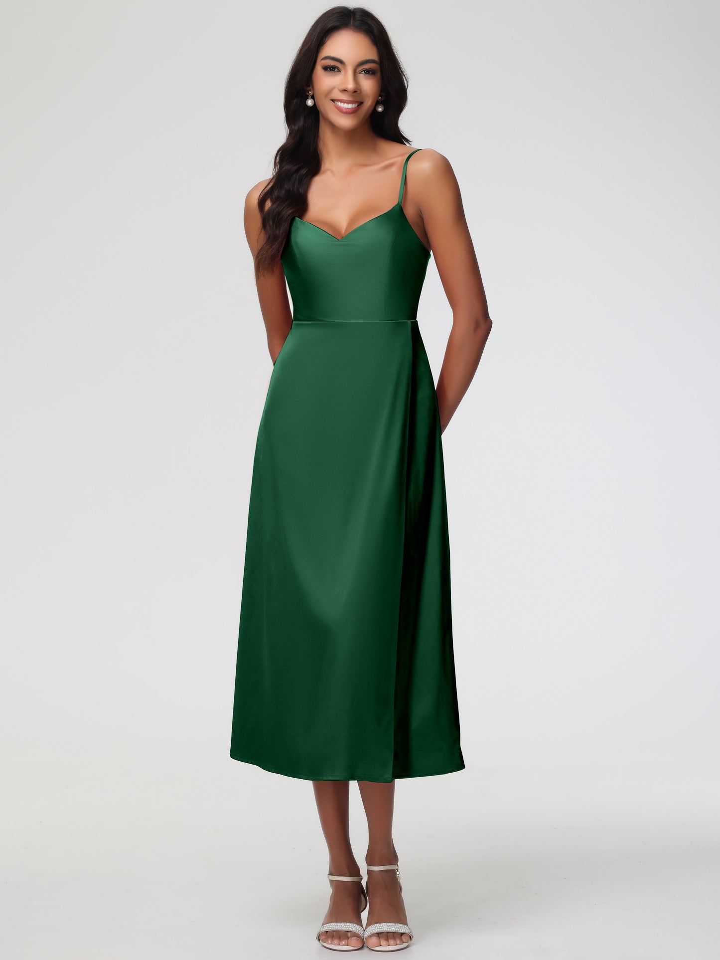 Spaghetti Straps Tea Length Back Zip Stretch Satin Bridesmaid Dress
