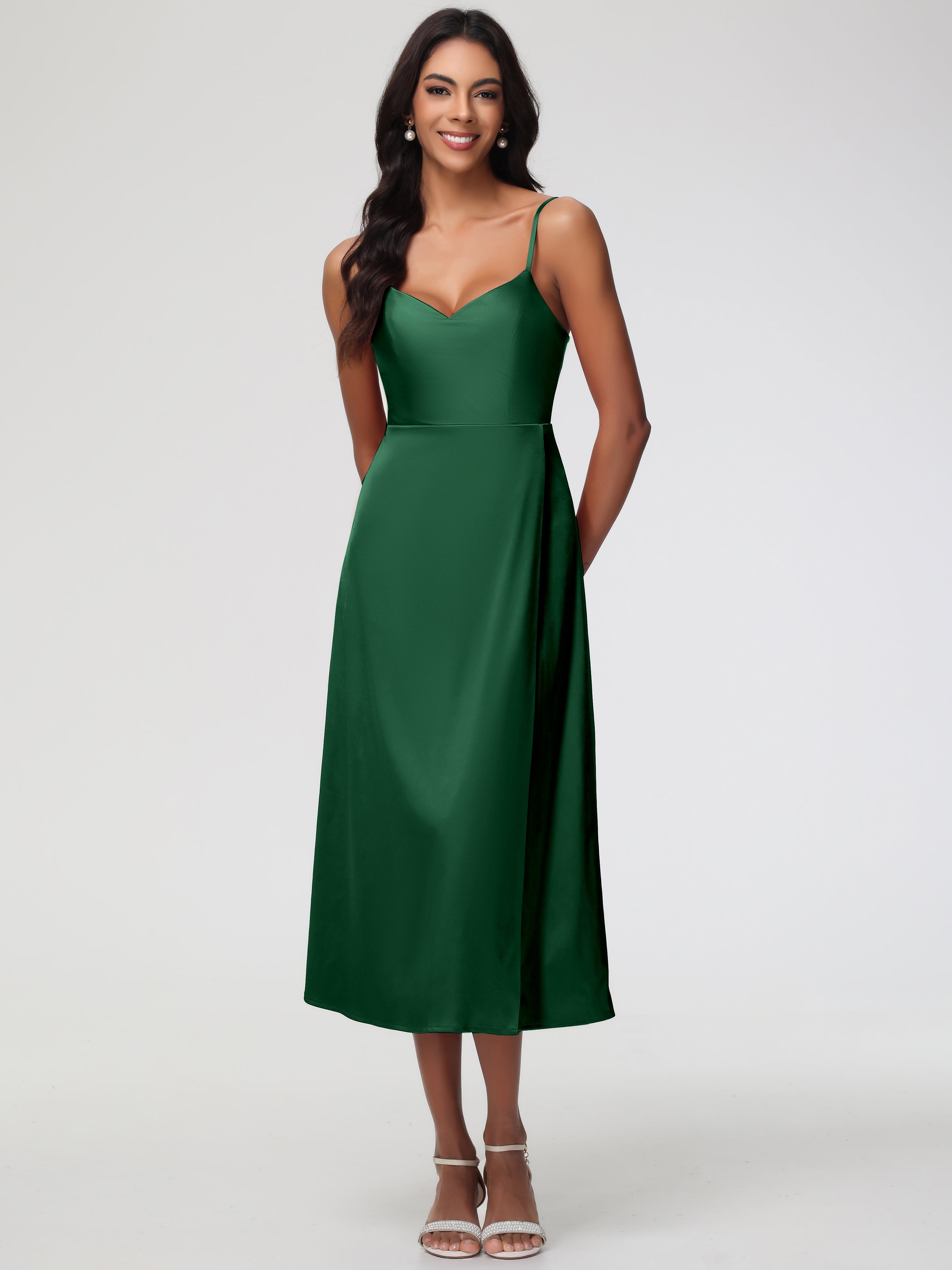 Spaghetti Straps Tea Length Back Zip Stretch Satin Bridesmaid Dress