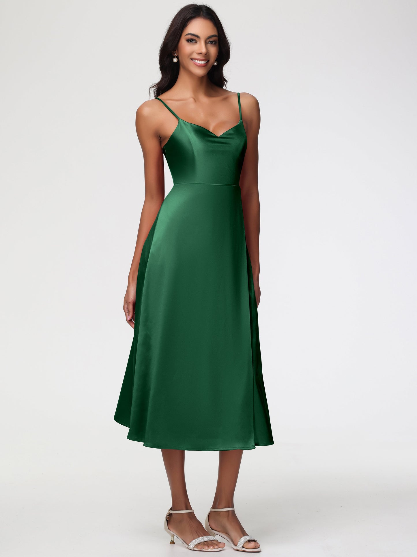 Spaghetti Straps Tea Length Back Zip Stretch Satin Bridesmaid Dress