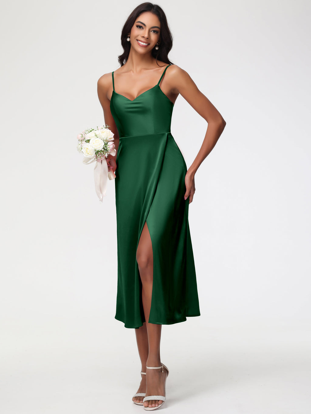 Spaghetti Straps Tea Length Back Zip Stretch Satin Bridesmaid Dress