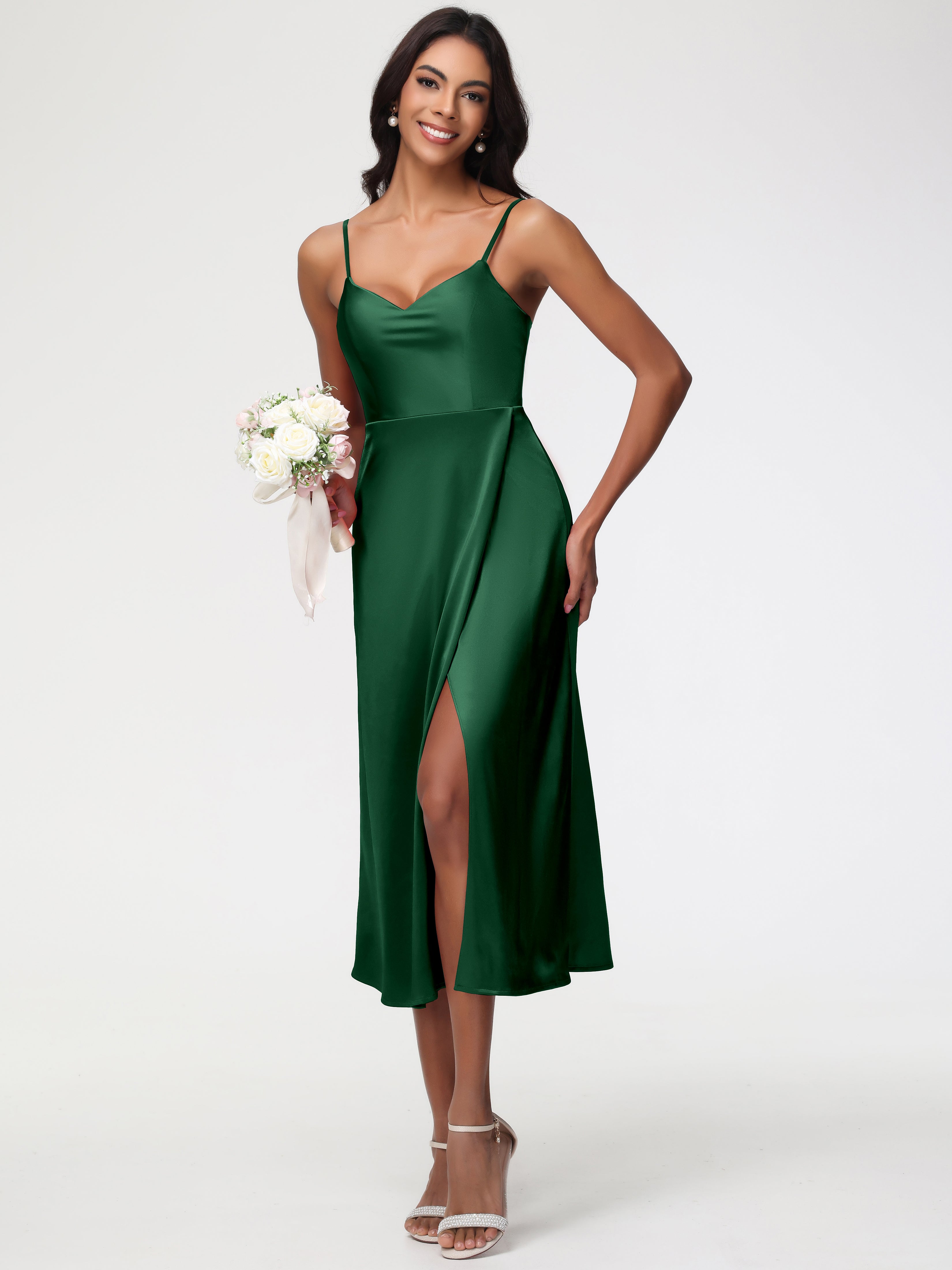 Spaghetti Straps Tea Length Back Zip Stretch Satin Bridesmaid Dress