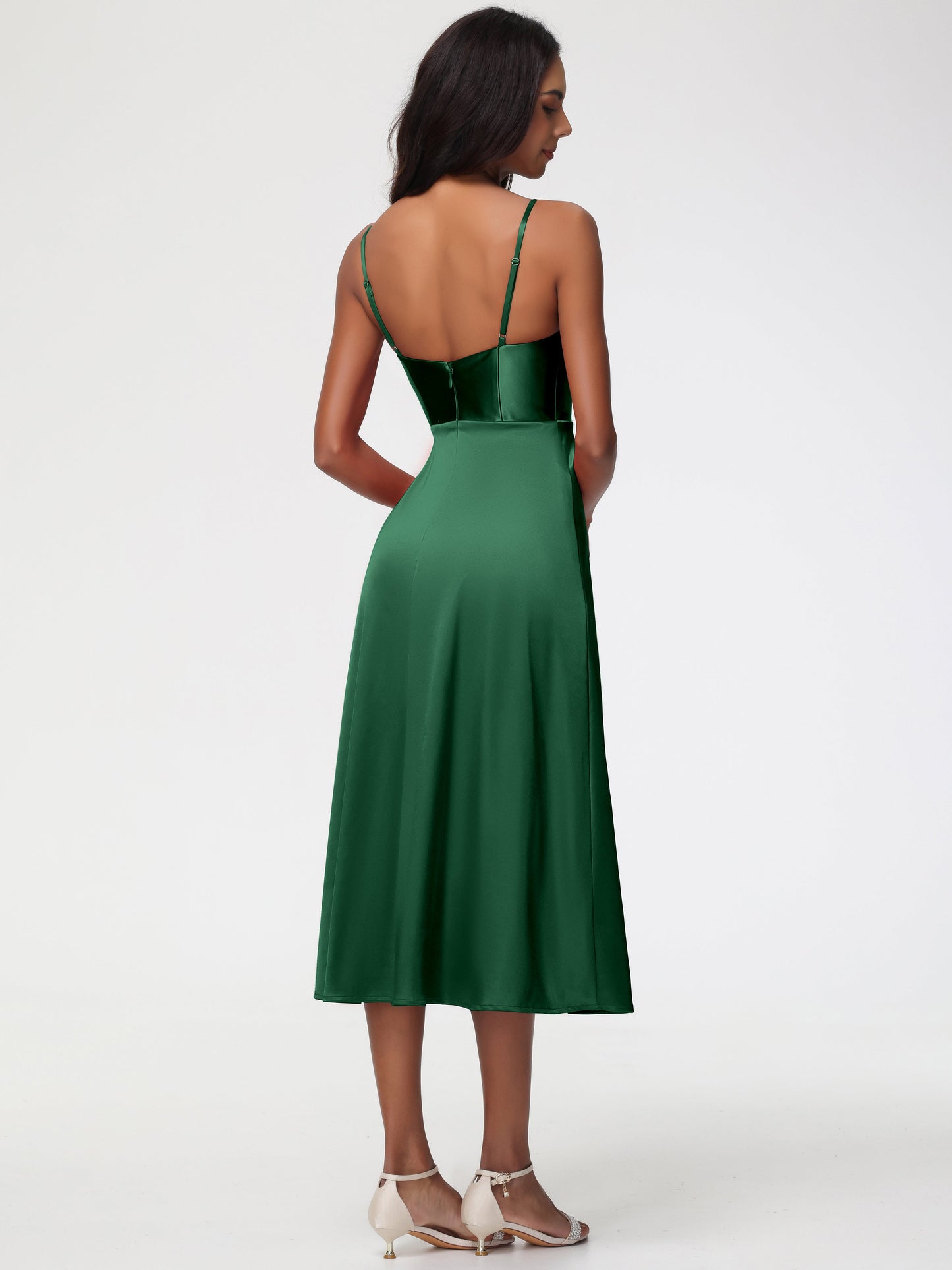 Spaghetti Straps Tea Length Back Zip Stretch Satin Bridesmaid Dress