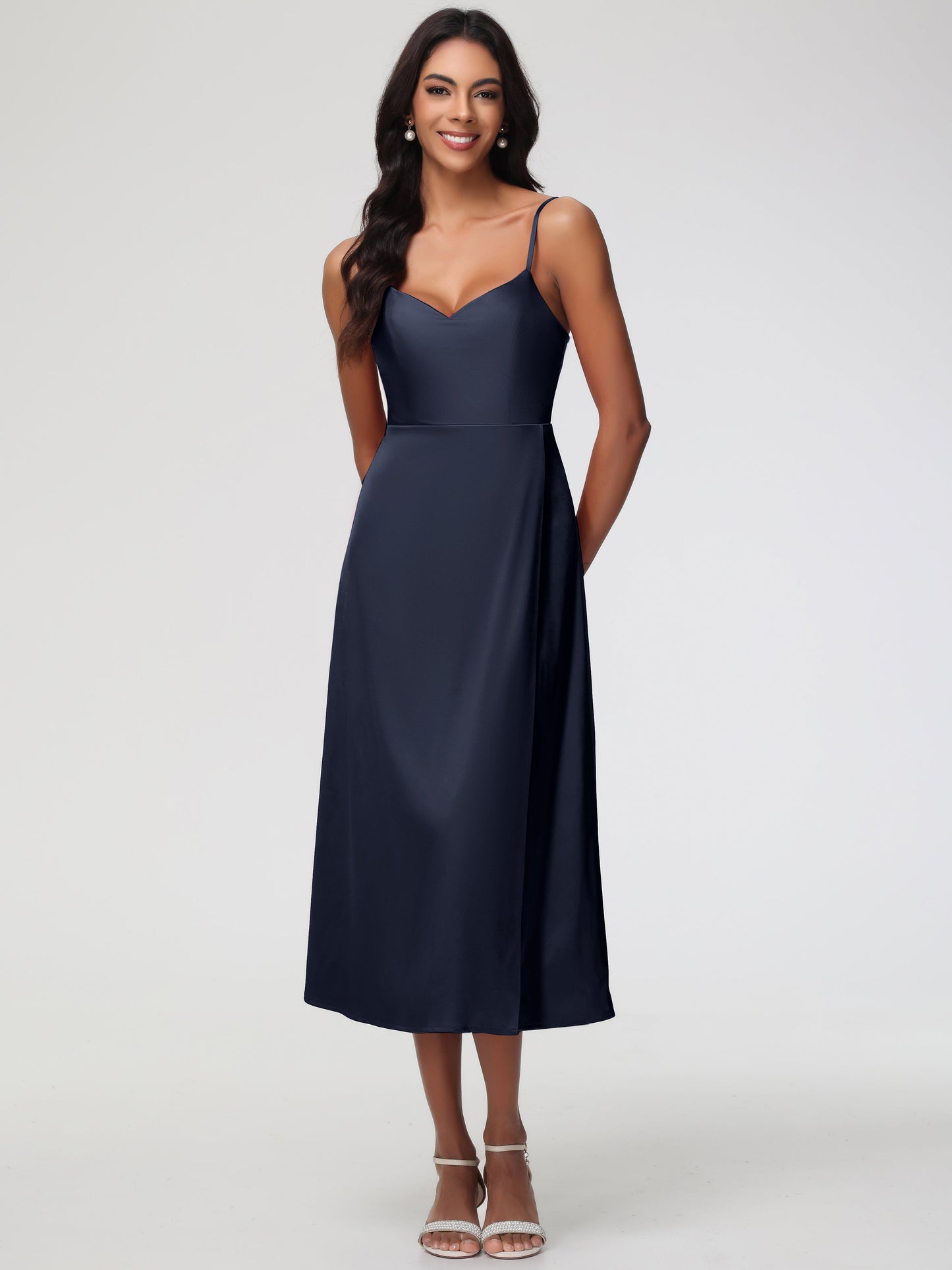 Spaghetti Straps Tea Length Back Zip Stretch Satin Bridesmaid Dress