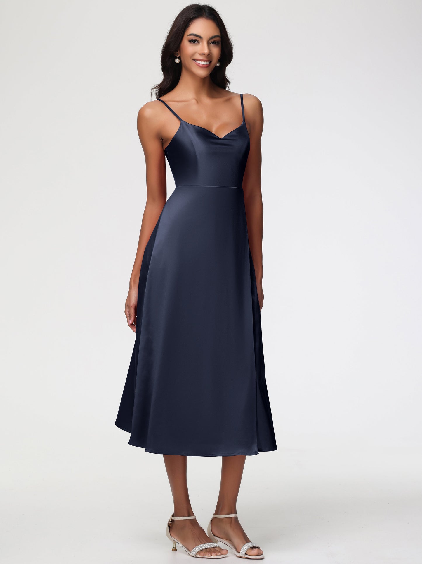 Spaghetti Straps Tea Length Back Zip Stretch Satin Bridesmaid Dress
